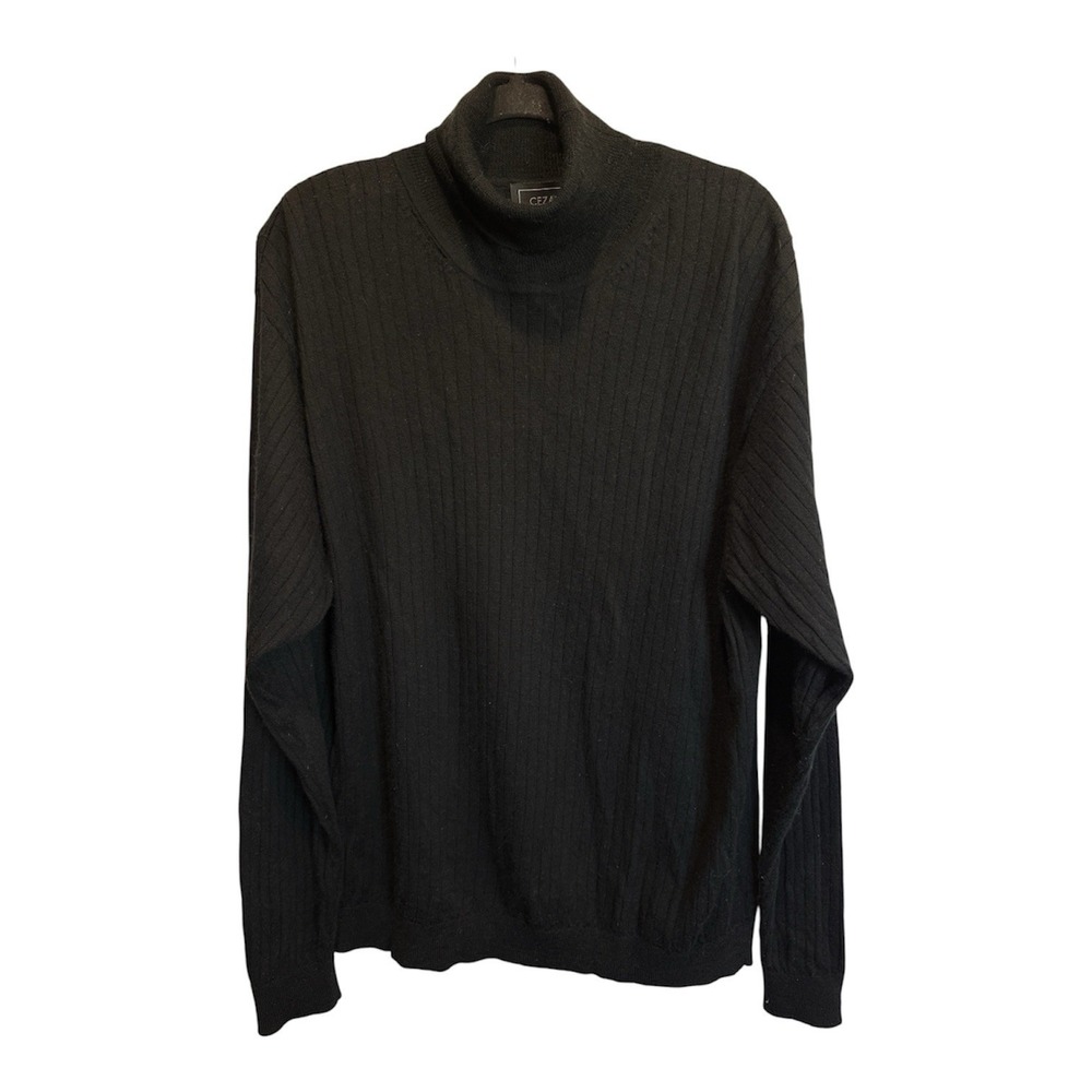 Men's Extra-Fine Merino Ribbed Turtle Neck Sweater, Black Large Cezani